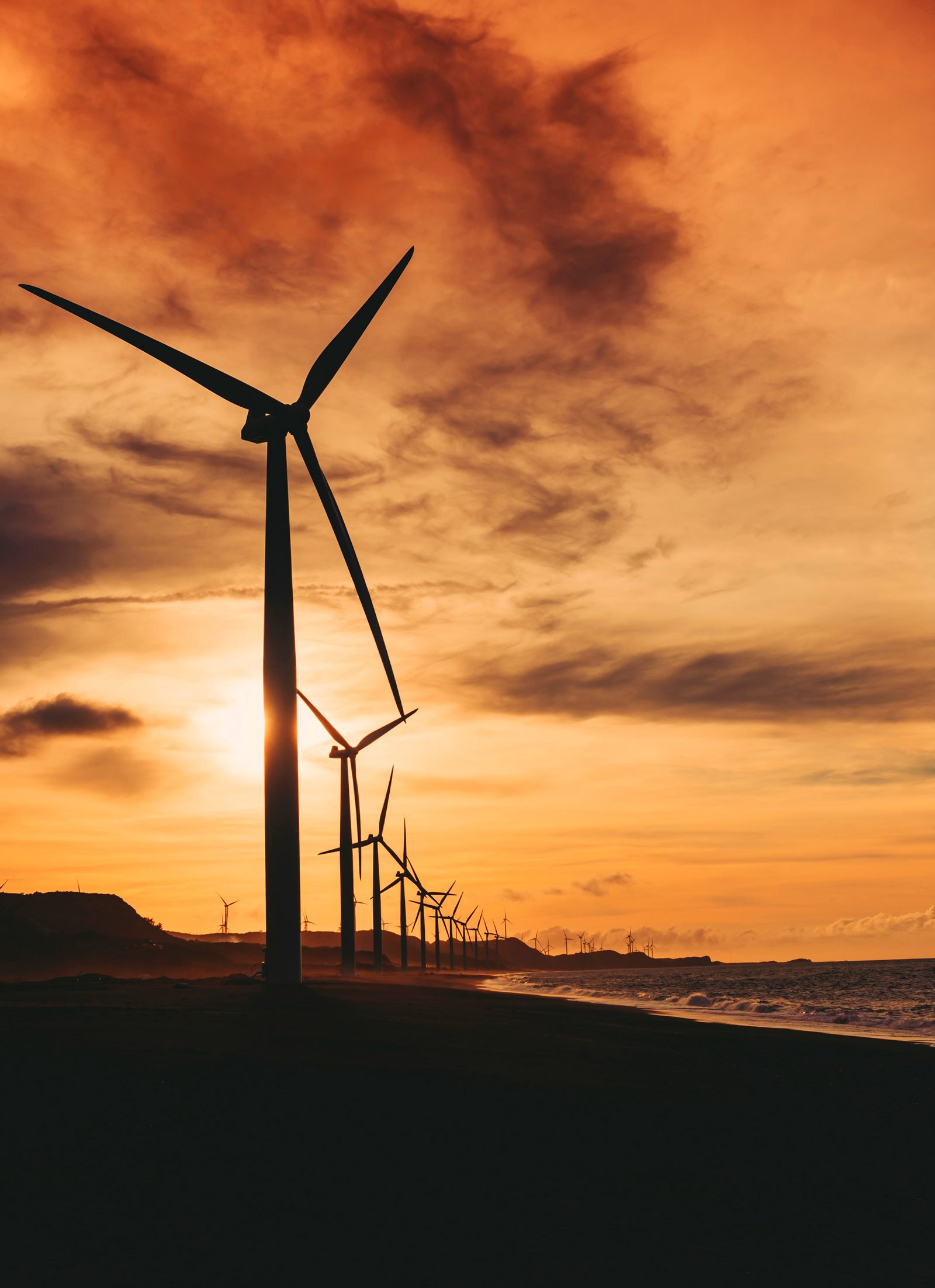 The Bangui windmills in silhouette along the shore at sunset.